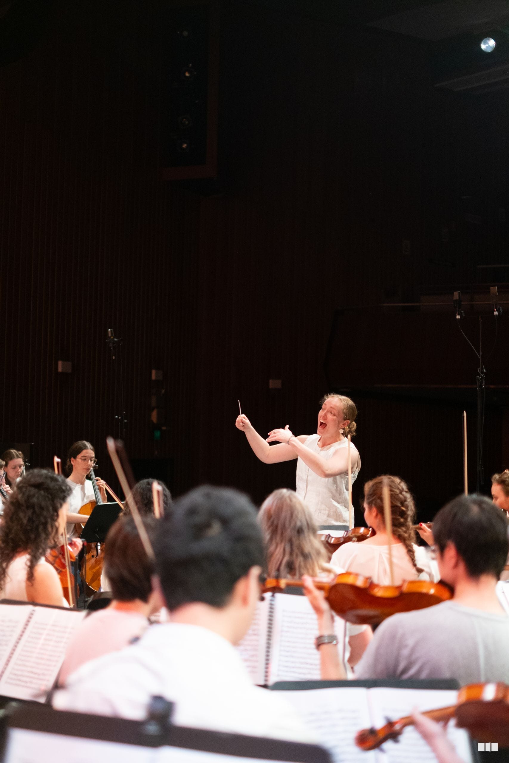 A conductor leads a string orchestra during rehearsal in a concert hall with sheet music visible on stands.
