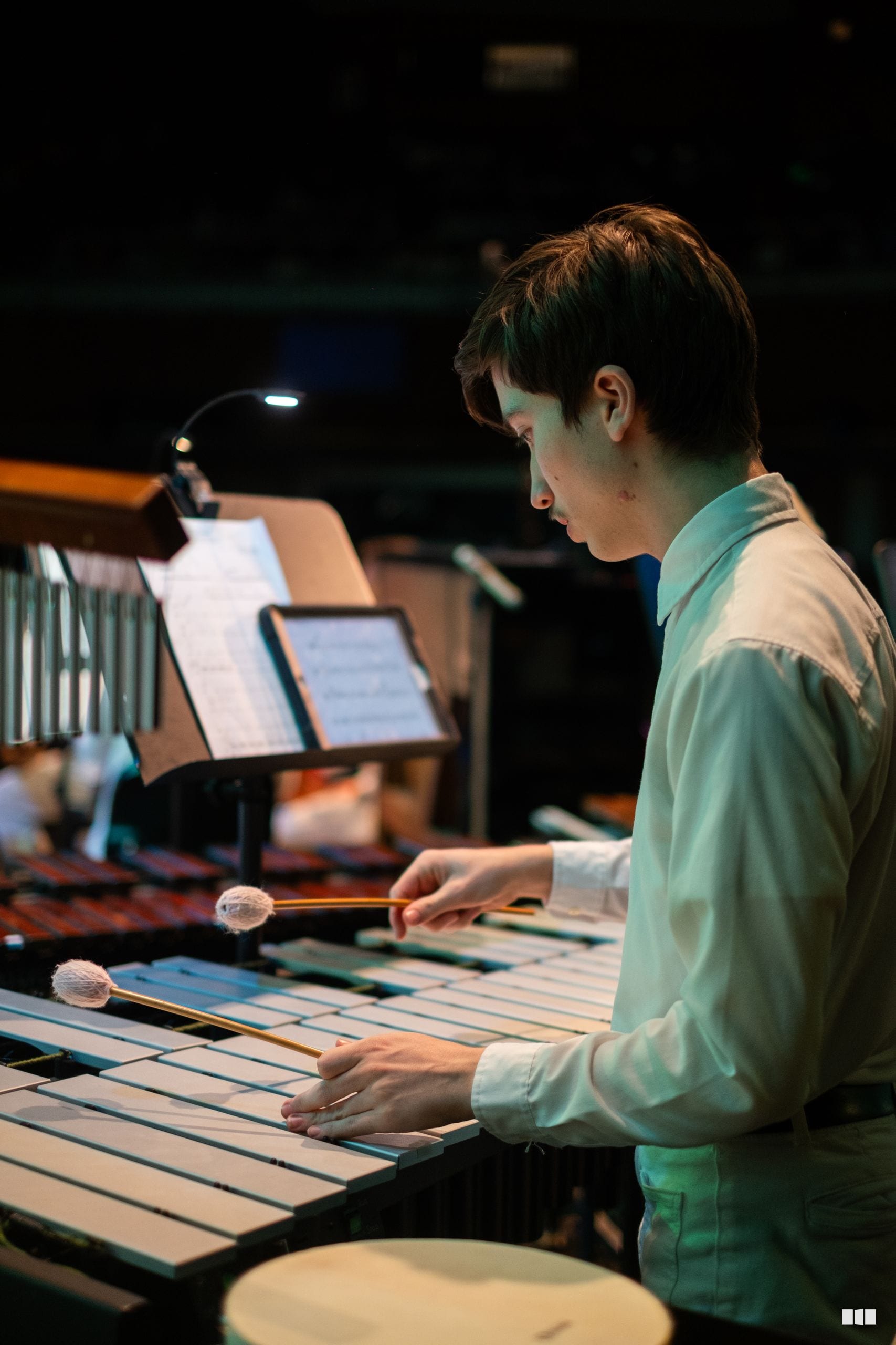 A young musician concentrates while playing a vibraphone, reading from sheet music on a stand in a performance setting.