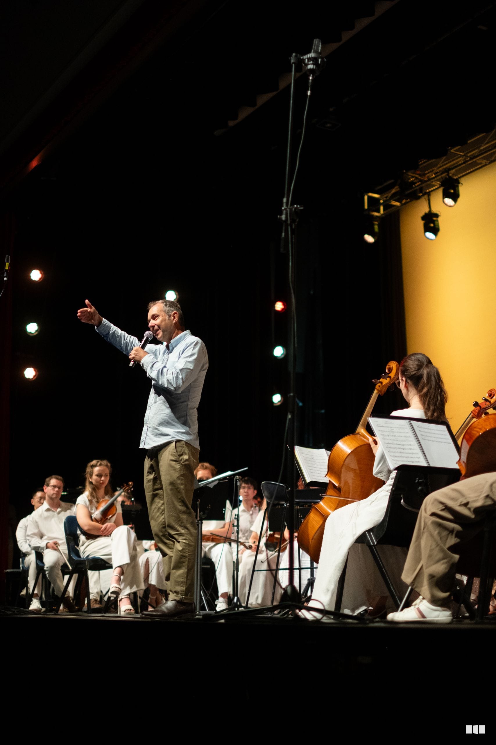 A conductor gestures expressively while leading a string section during an orchestral performance on stage.