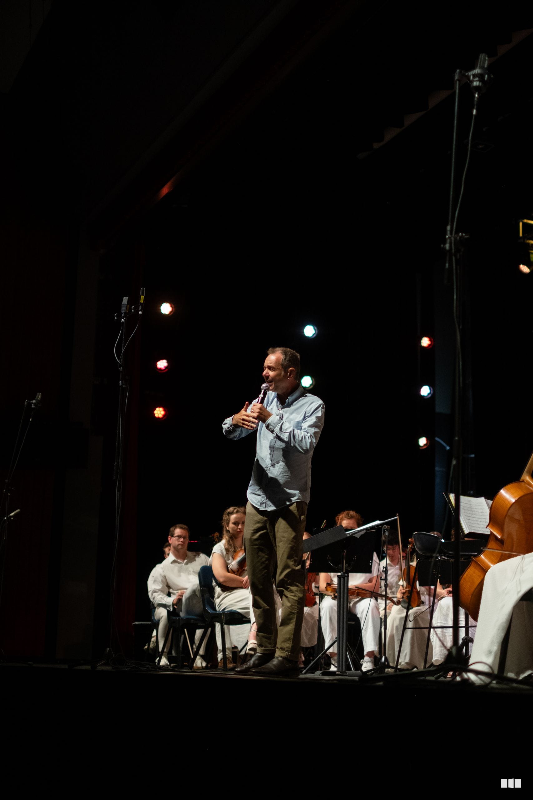 A conductor leads an ensemble of orchestral musicians during a performance on stage.