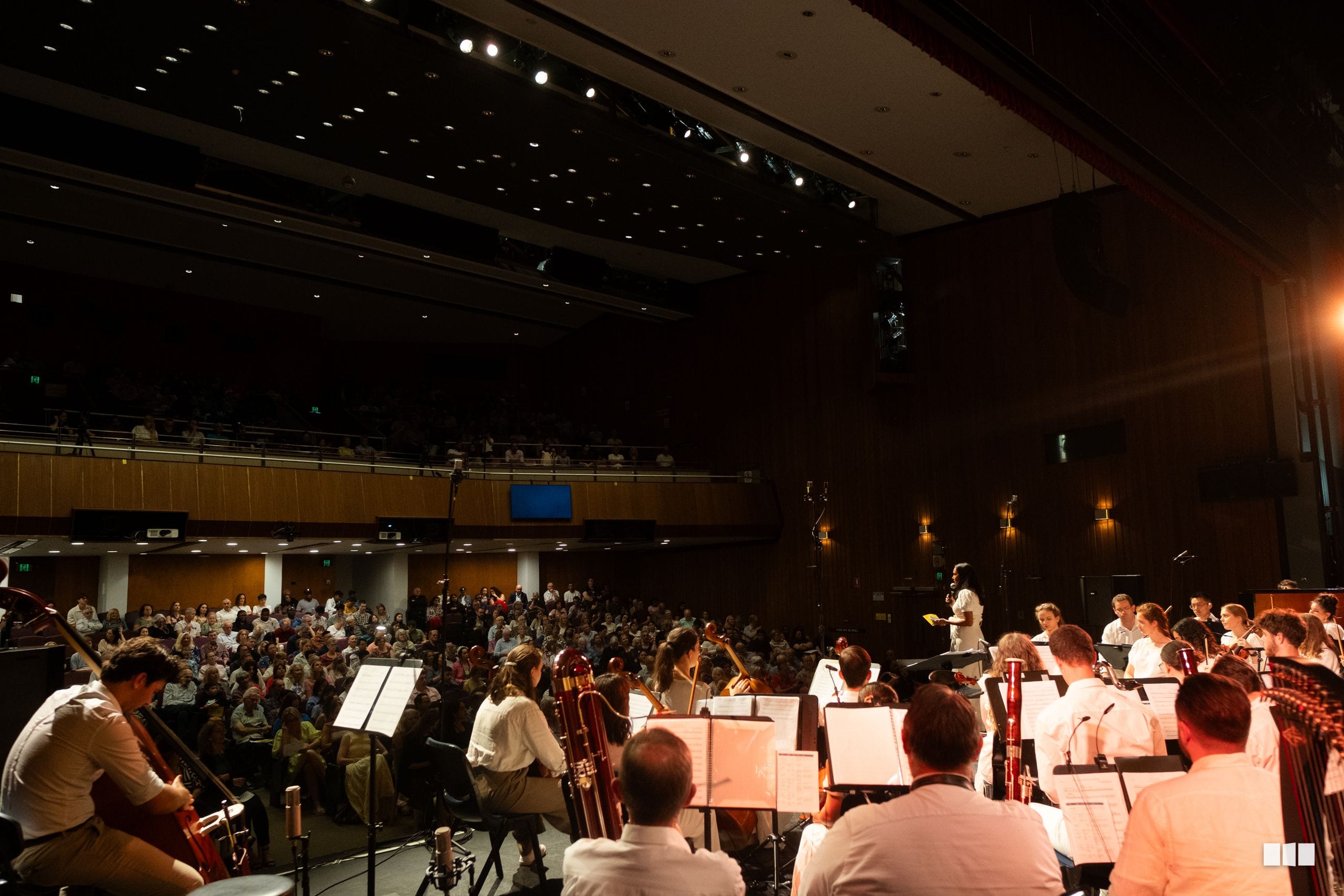 Orchestra musicians perform for a full auditorium during a symphony concert.