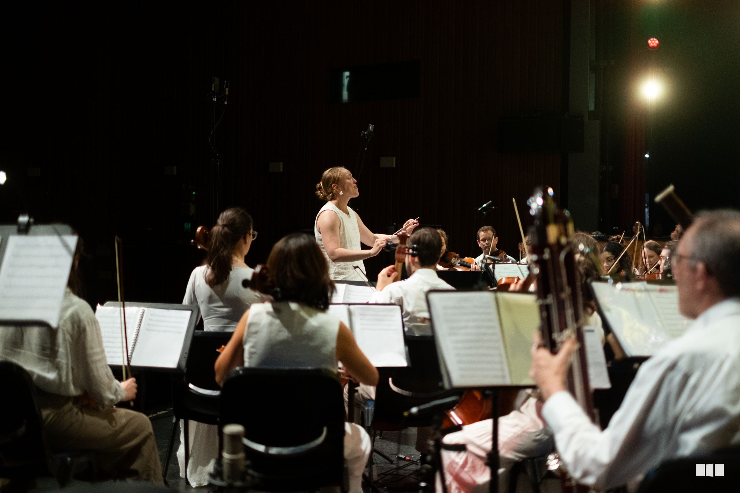 A conductor leads an orchestra during a nighttime outdoor performance, with musicians reading sheet music under stage lighting.