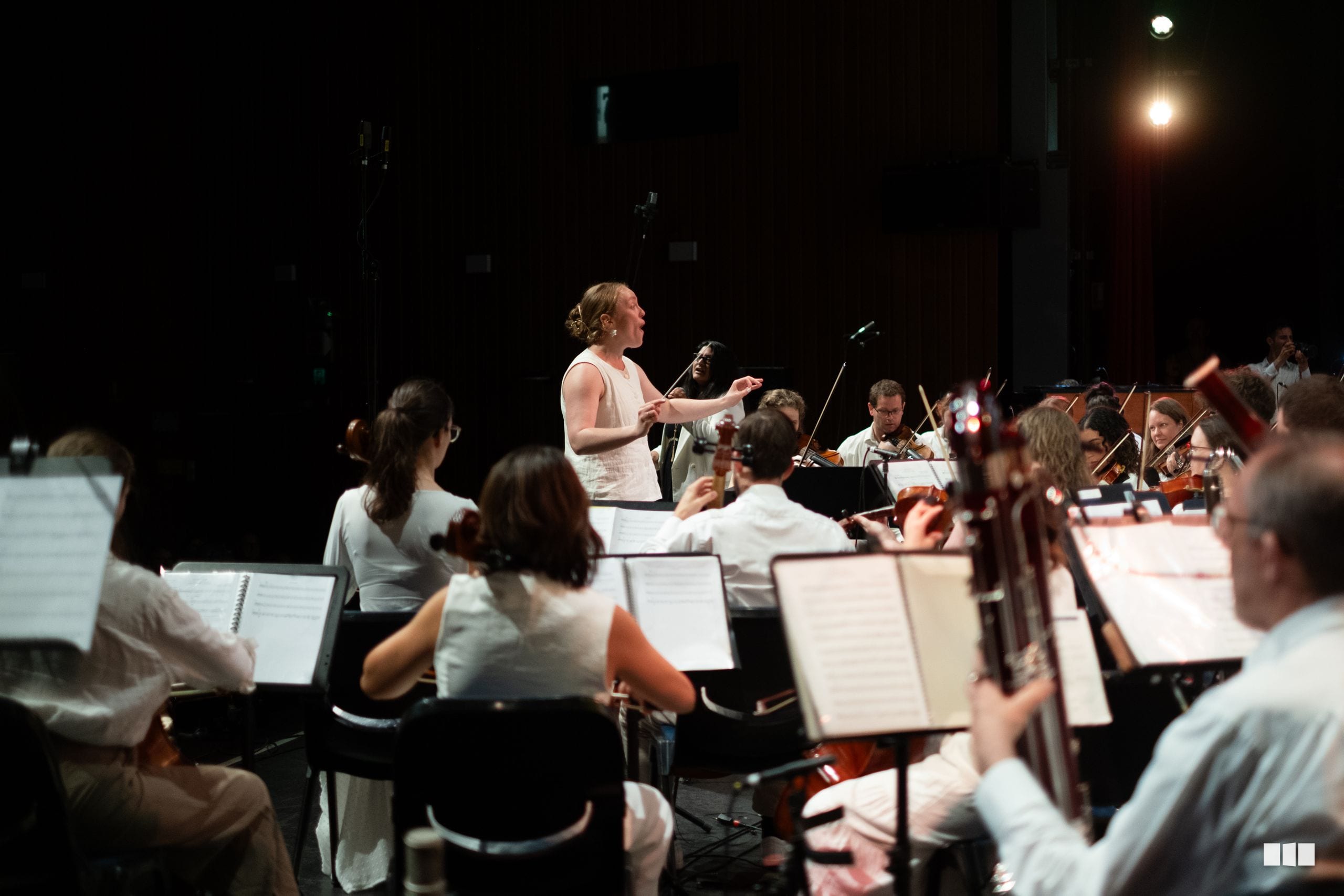 A conductor leads a string section during an orchestral rehearsal or performance in a dimly lit venue.
