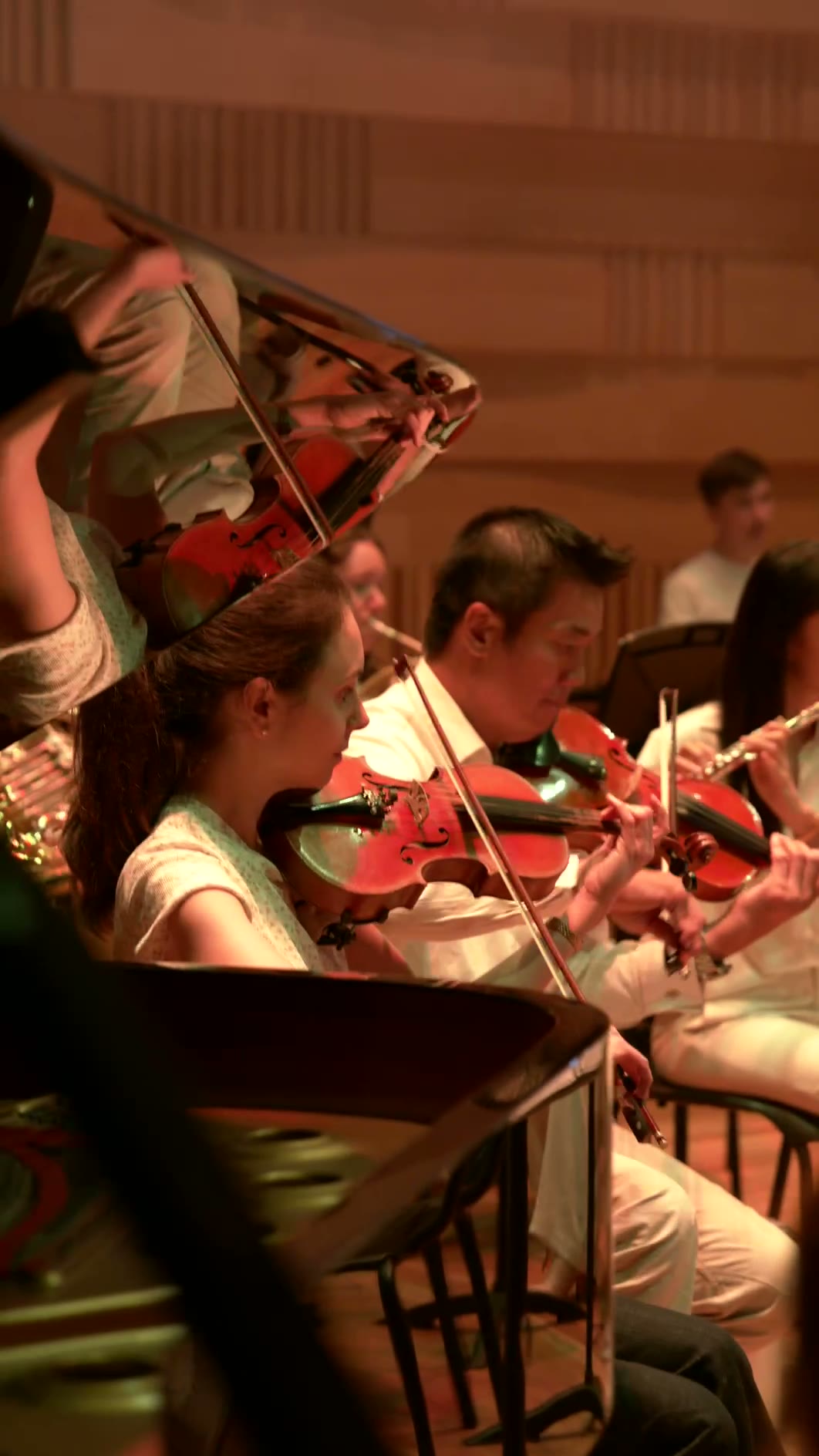 Young violinists performing together during an orchestral rehearsal or concert in a concert hall setting.