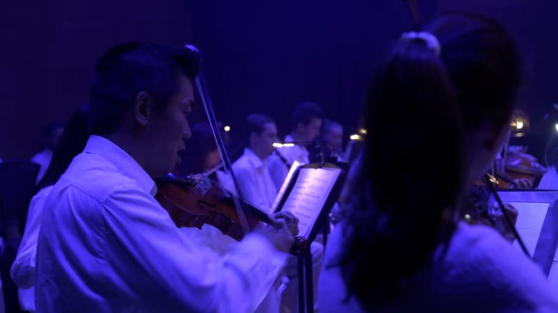 String section musicians perform by music stands under blue stage lighting during an orchestral performance.