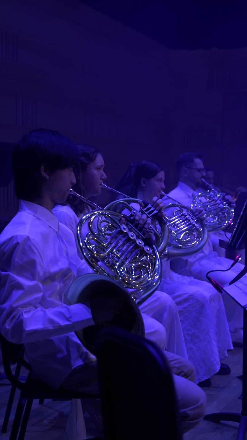 French horn players performing together during an orchestral concert under purple stage lighting.