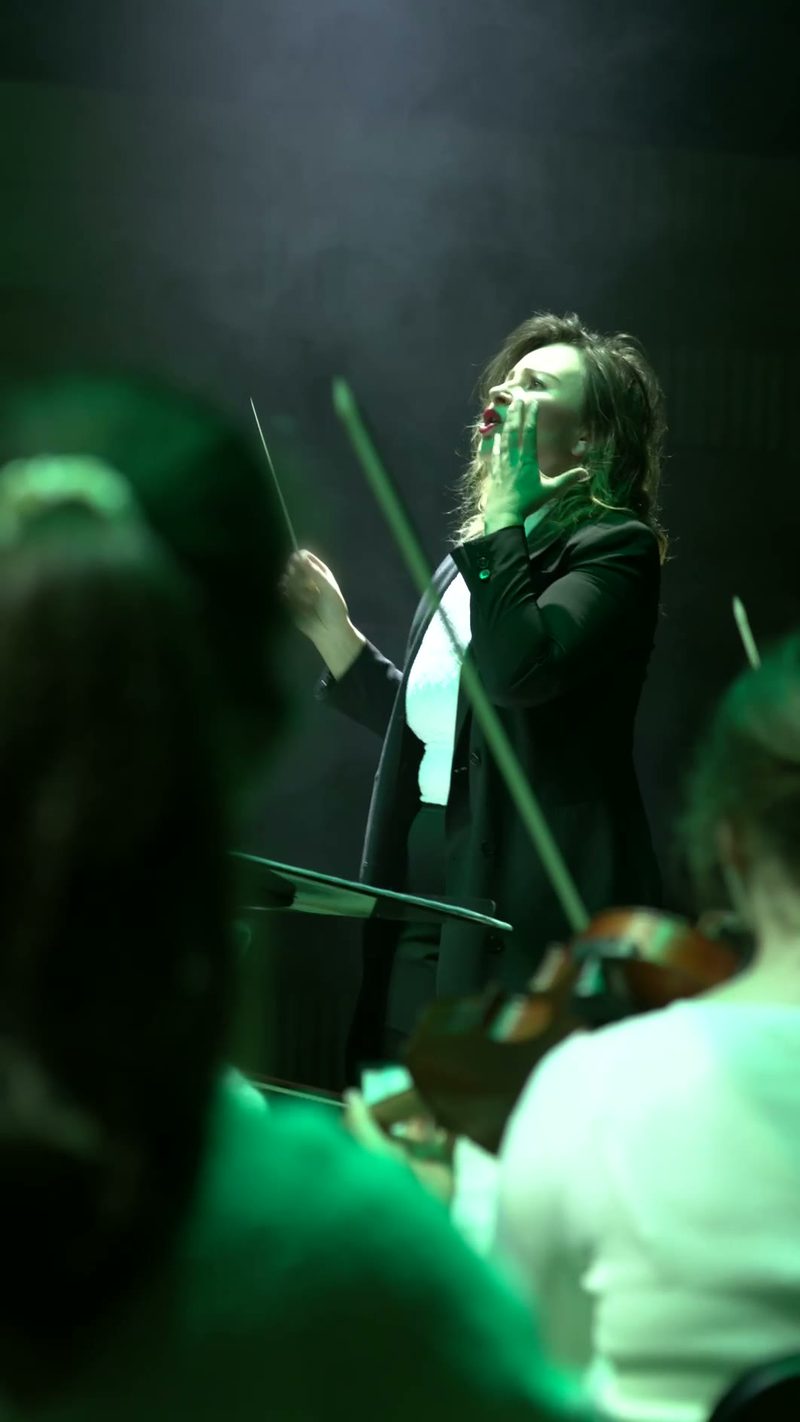 A conductor leads the orchestra with an expressive gesture during a performance under green stage lighting.
