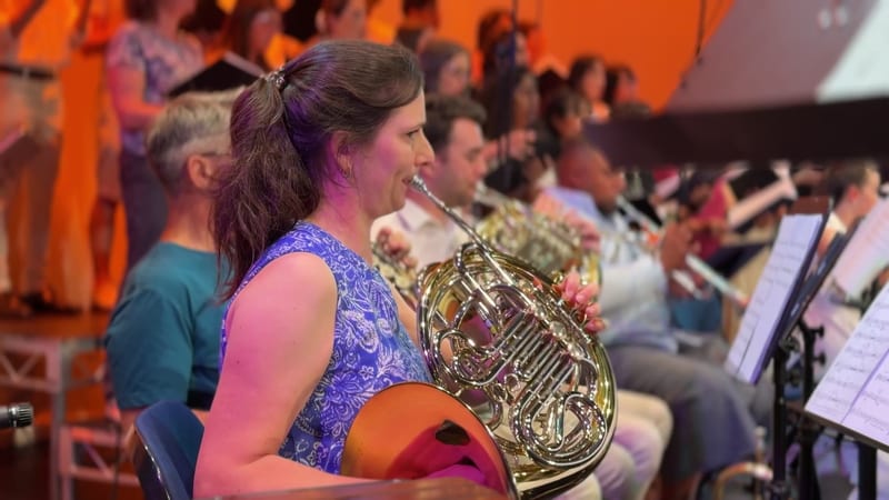 French horn player performs with the orchestra during a concert under warm stage lighting.