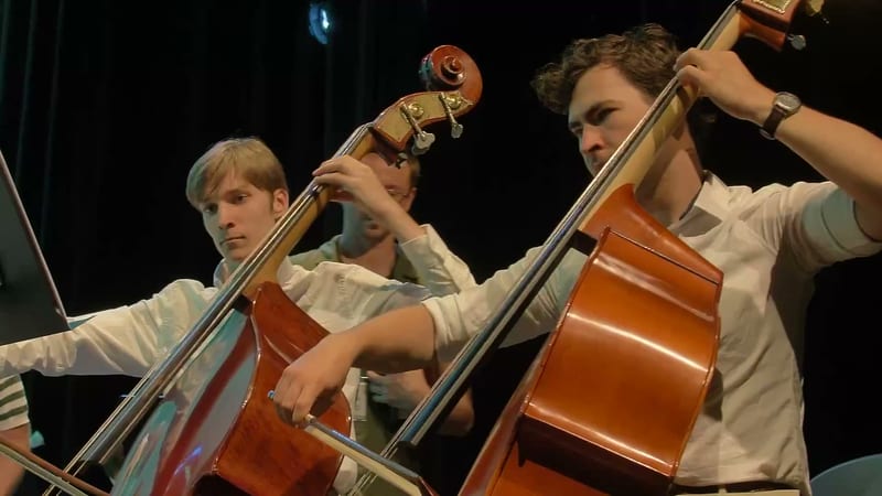 Young cellists perform together during an orchestral rehearsal or concert.