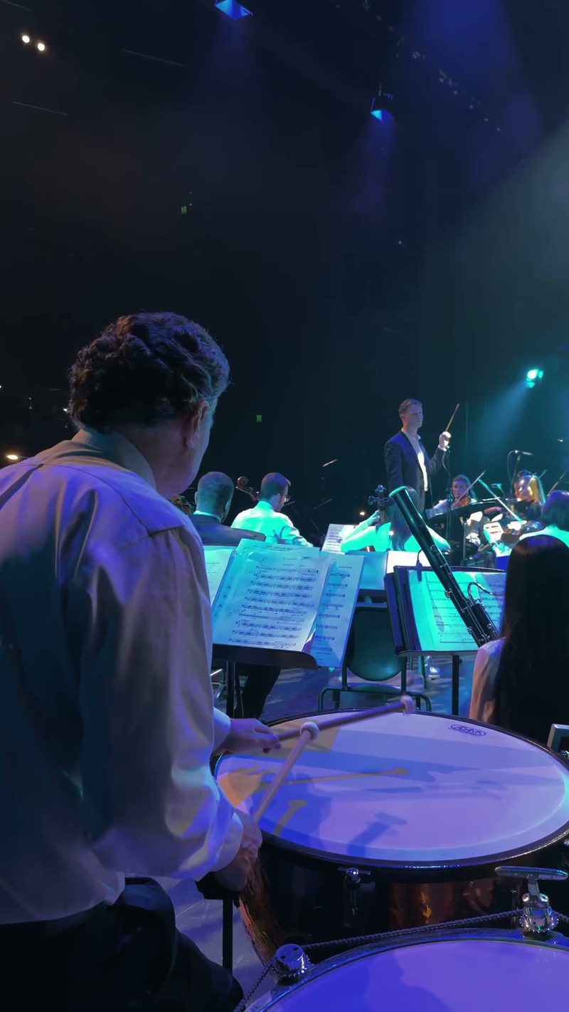 A conductor leads the orchestra from the stage during a performance.
