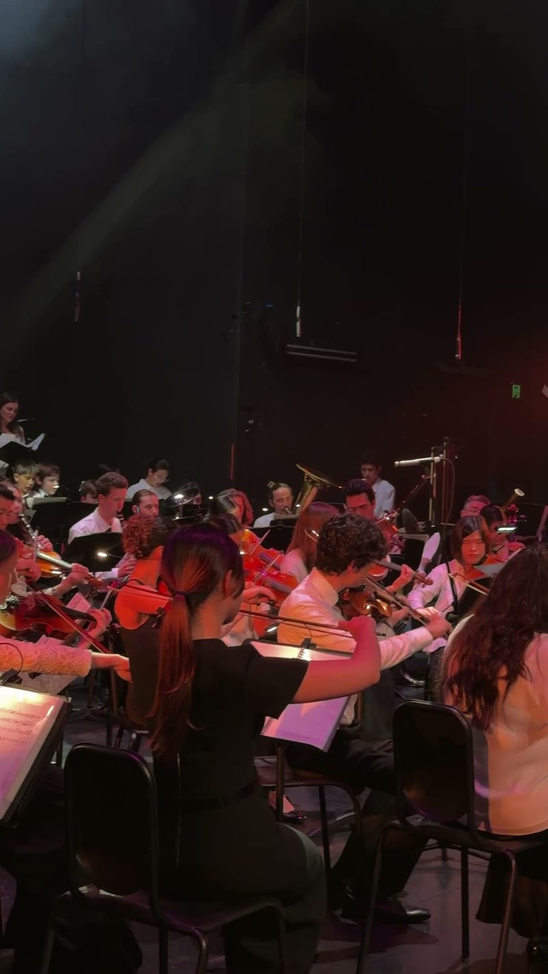 A group of young musicians performing in a symphony orchestra setting.