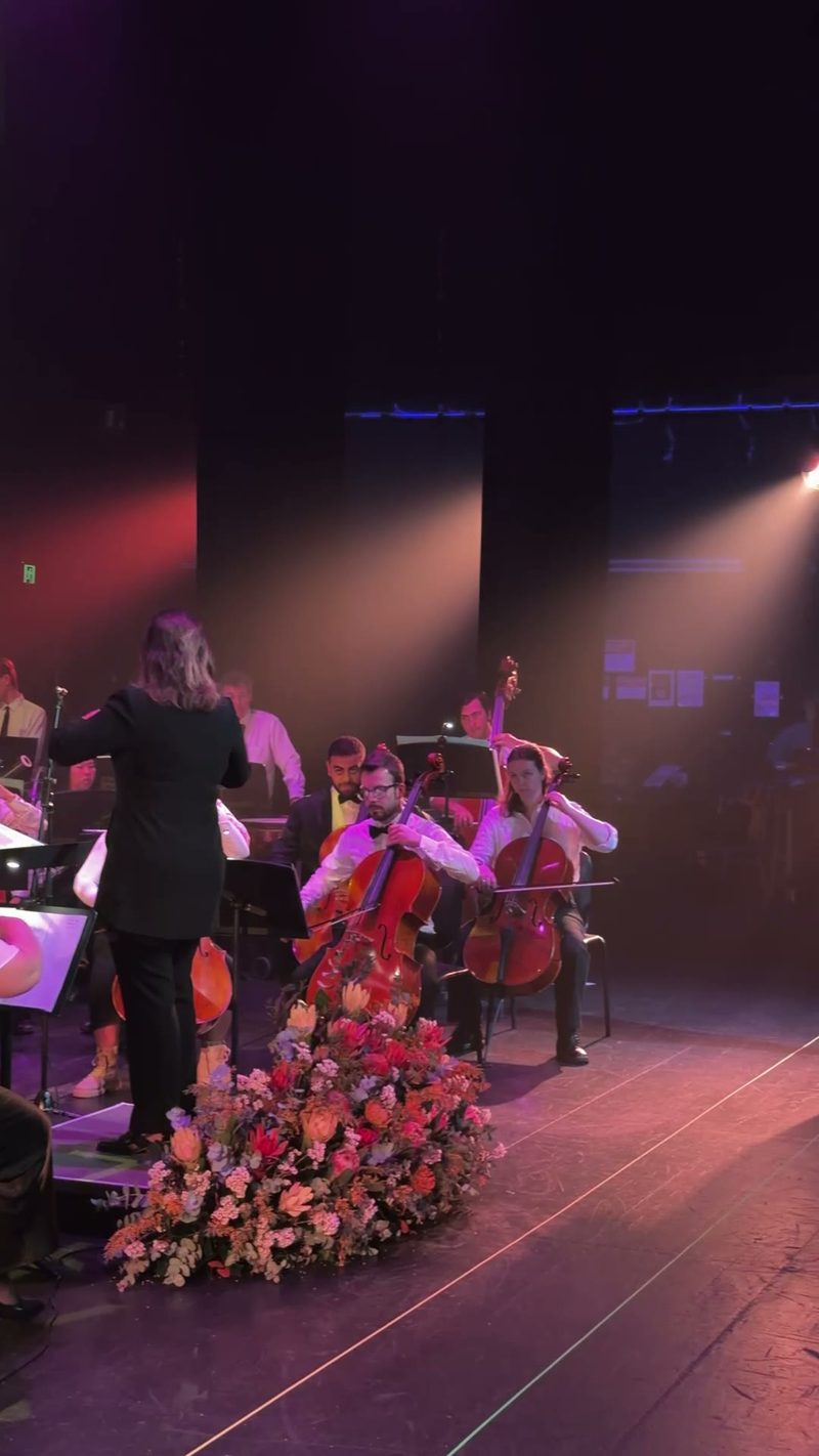 A conductor leads a symphony orchestra performing on stage.