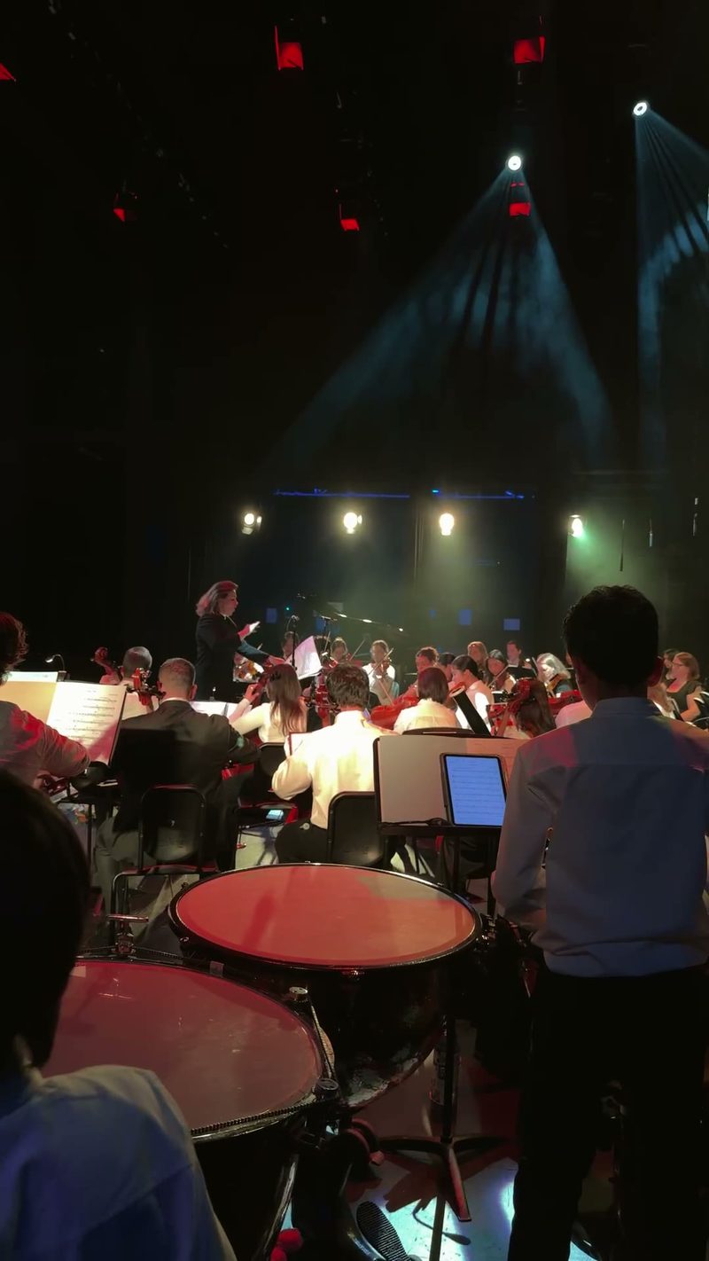 A conductor leads a symphony orchestra during a performance.