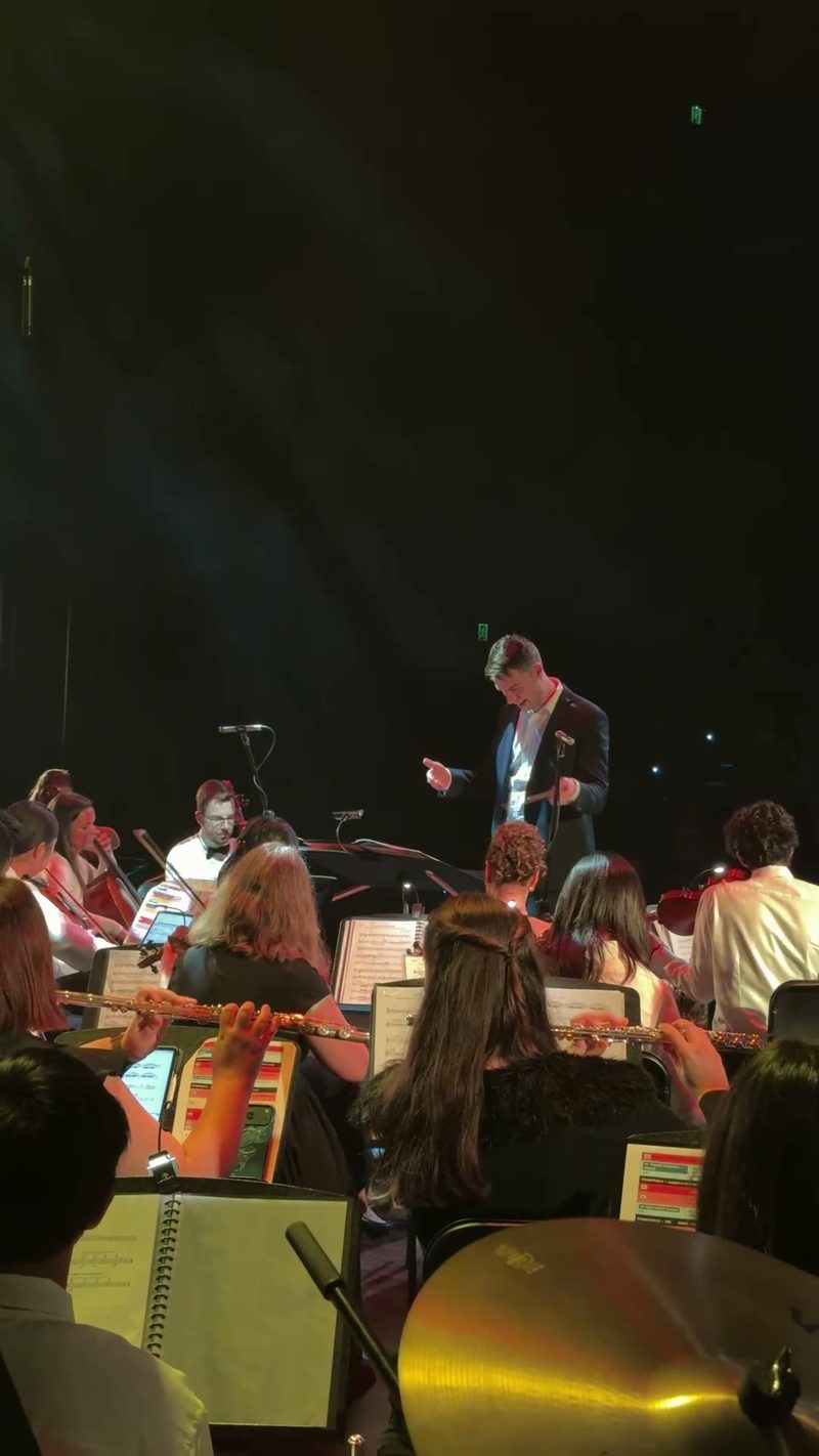 A conductor leads a symphony orchestra during a performance.