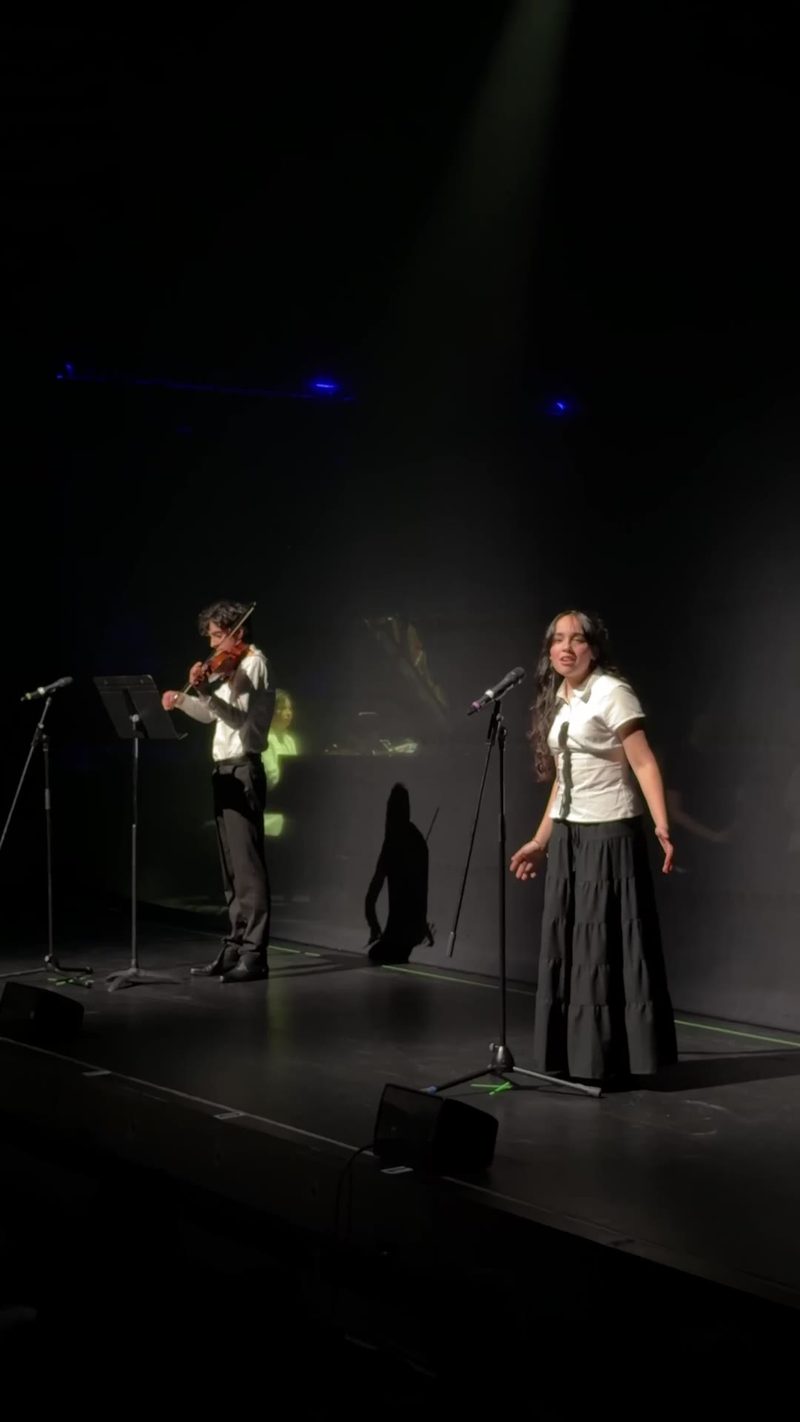 A singer performs on stage with a violinist in the background.
