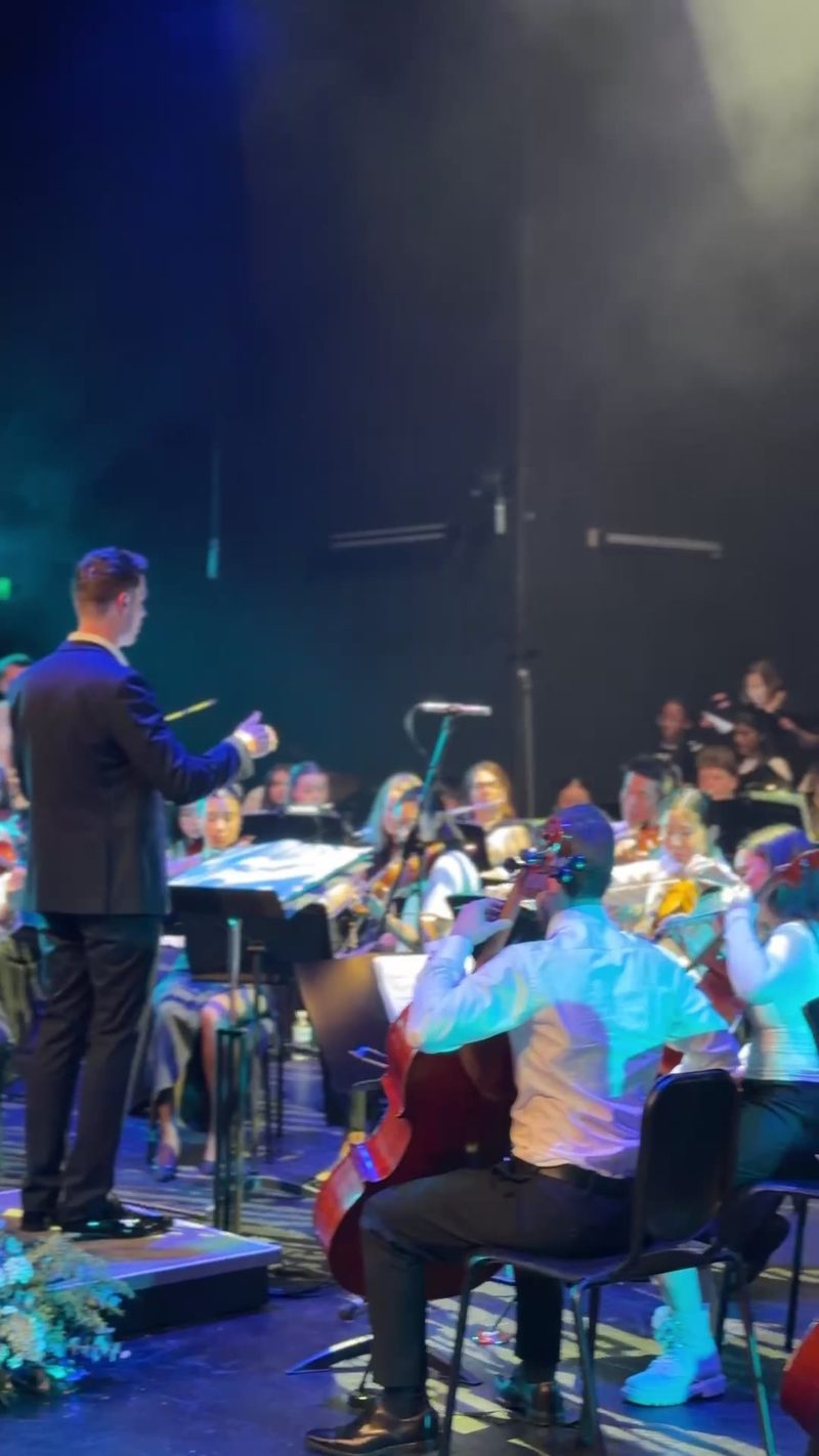 A conductor leads a symphony orchestra during a live performance.