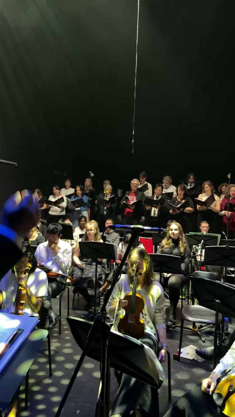 A diverse group of musicians and singers gathered for a performance.
