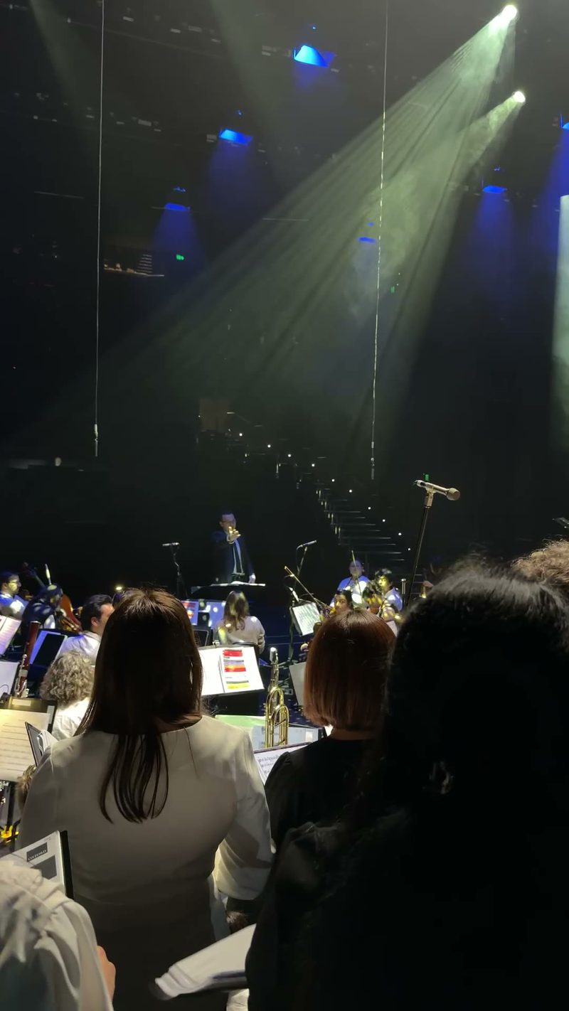A view of the orchestra with a focus on the conductor amidst dramatic lighting.