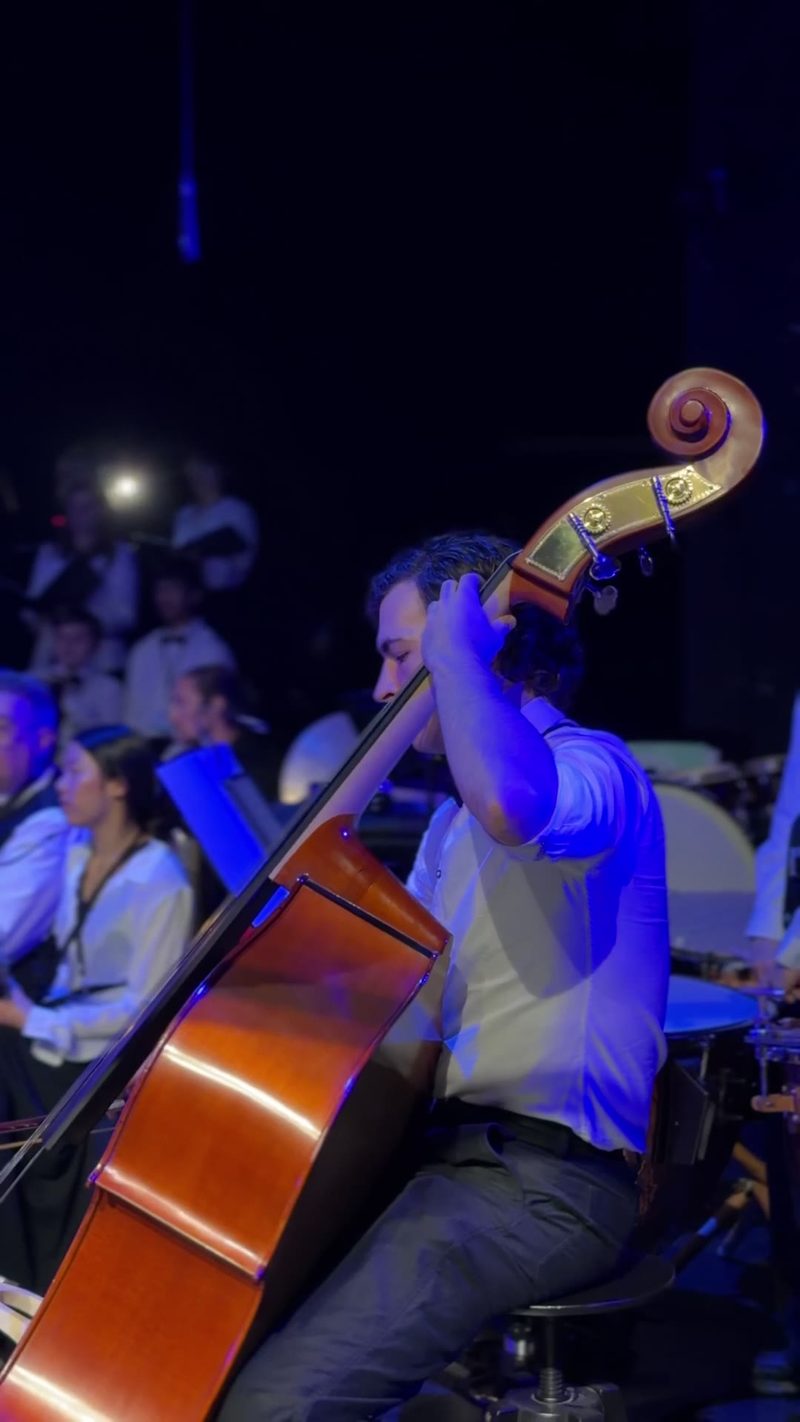 A double bass player performing in an orchestra setting.