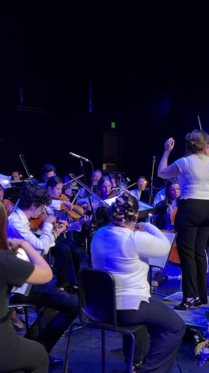 A young orchestra performing under the direction of a conductor.