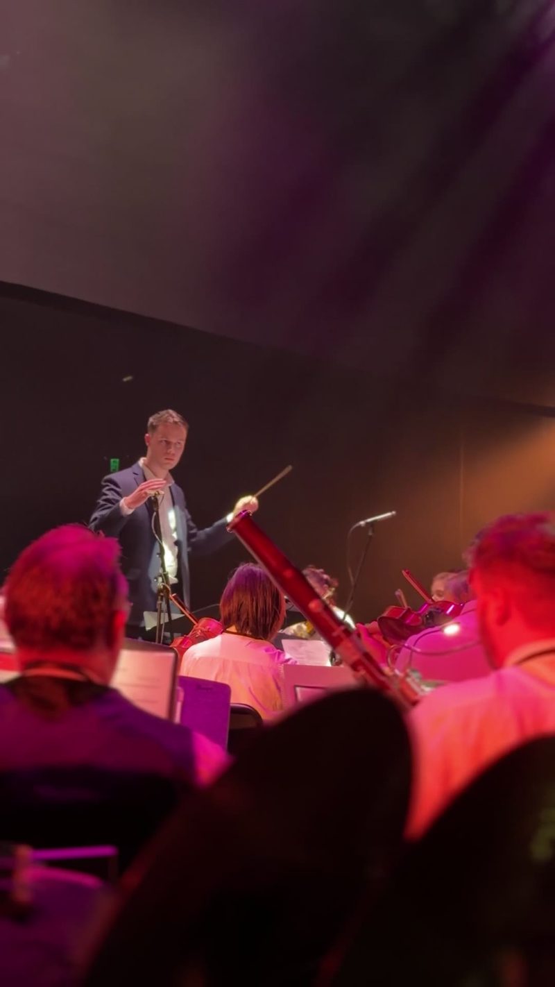 A conductor leads an orchestra during a performance.