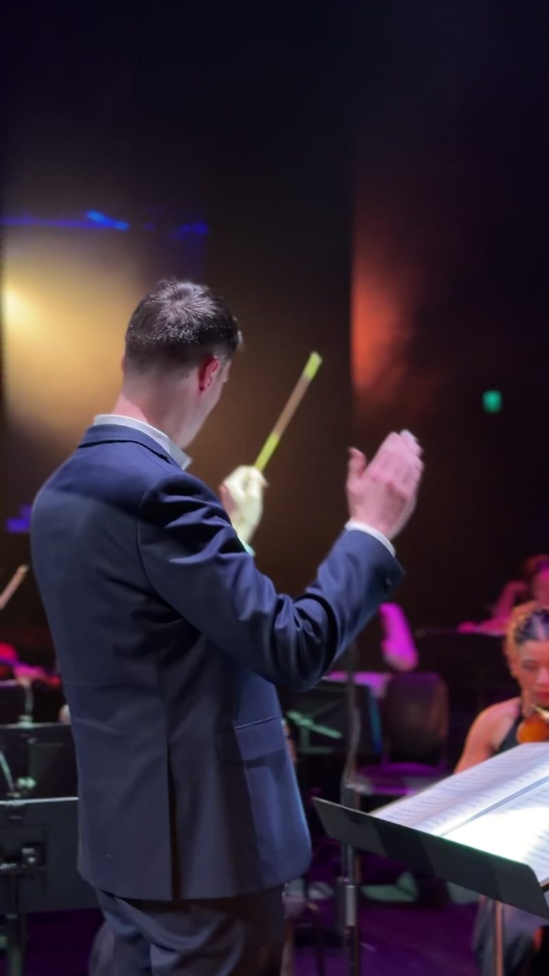 A conductor leads the orchestra during a performance with strings in view.